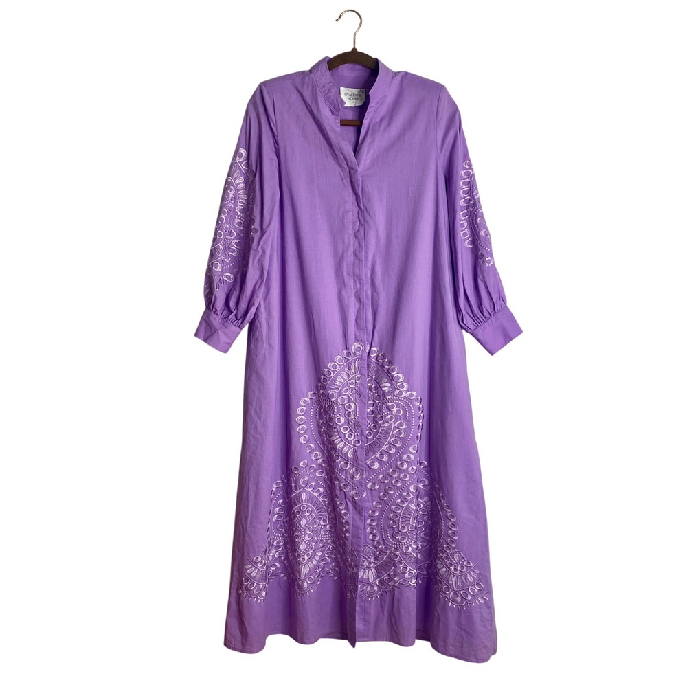 Tuckernuck Hyacinth House Purple Embroidered Cotton Midi Shirt Dress XS Boho